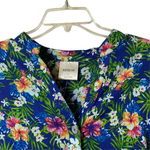 Bedford Fair NWOT Sz L 3/4 Sleeve Blue Floral Button Front Top 100% Cotton (2563 - Picture 8 of 9